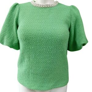 VOY Top SMALL Green Tweed Pearl Embellish Puff Sl Chic Texture Top Wool Bl VTG